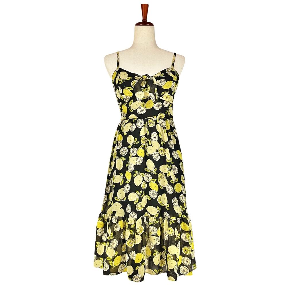 AS U WISH Lemon Print Sleeveless Tie-Front Midi Sundress Size M Black Yellow